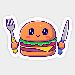 Cute Burger Holding Knife And Fork Sticker